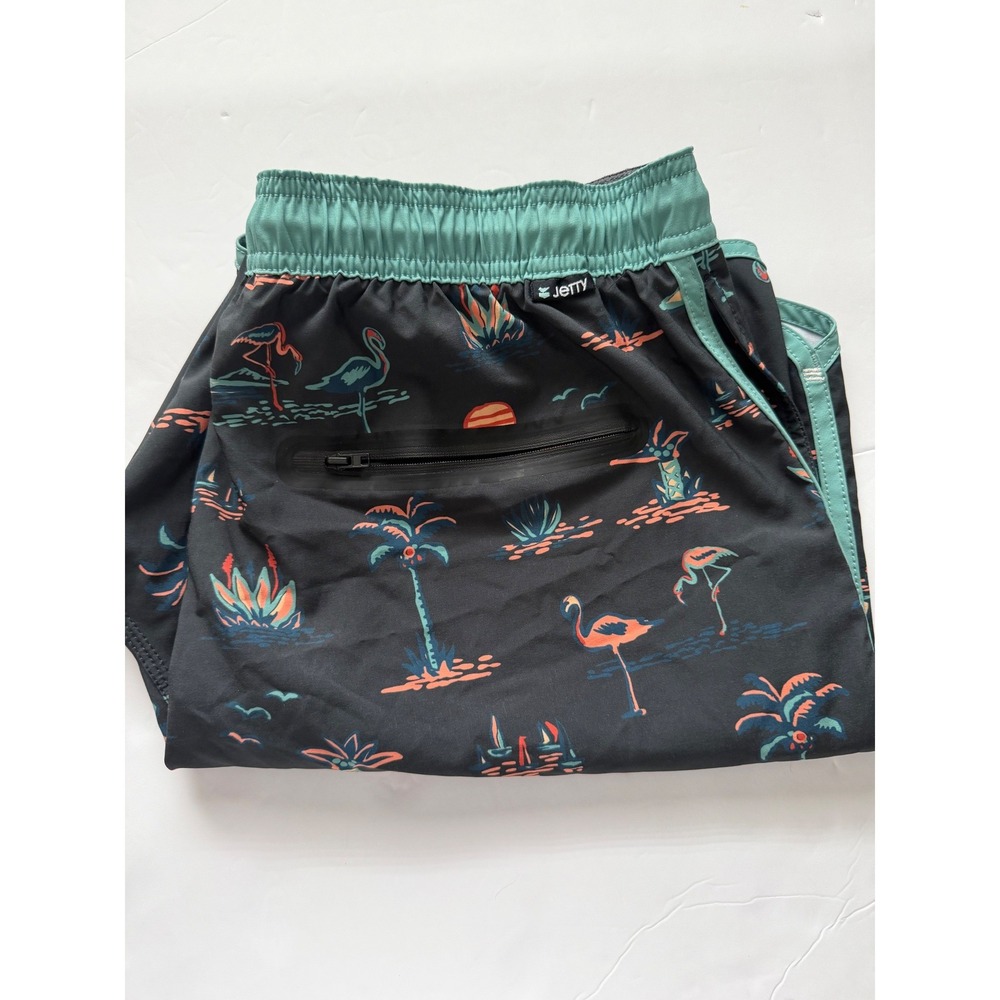 Jetty Mens XL Tropical Flamingo Board Shorts Black Green Stretch Swim Trunks